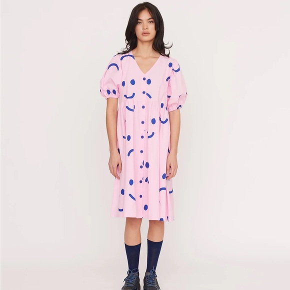 Lazy Oaf Dresses & Skirts - Lazy Oaf Dress Sz 12 Happy Sad Midi Puff Sleeve Grunge Preppy Smiley Button Down